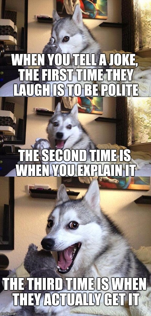 The stages of telling a joke | WHEN YOU TELL A JOKE, THE FIRST TIME THEY LAUGH IS TO BE POLITE; THE SECOND TIME IS WHEN YOU EXPLAIN IT; THE THIRD TIME IS WHEN THEY ACTUALLY GET IT | image tagged in memes,bad pun dog,jokes,help me | made w/ Imgflip meme maker