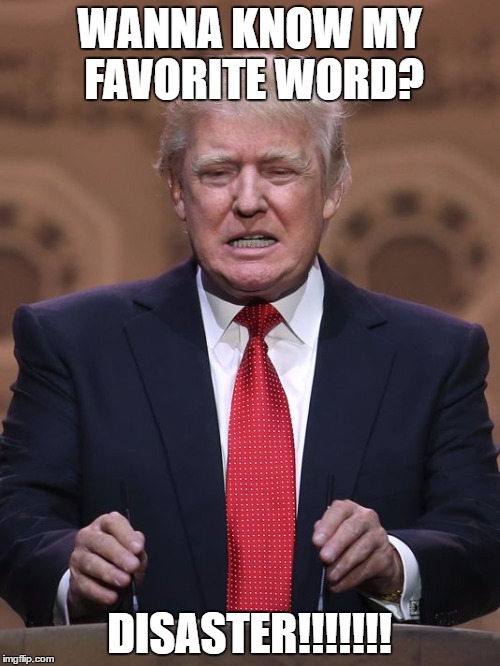 Donald Trump | WANNA KNOW MY FAVORITE WORD? DISASTER!!!!!!! | image tagged in donald trump | made w/ Imgflip meme maker