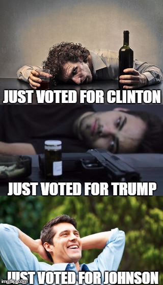 How Men Feel About Who They Voted For | JUST VOTED FOR CLINTON; JUST VOTED FOR TRUMP; JUST VOTED FOR JOHNSON | image tagged in trump,men,hillary,gary johnson,feel the johnson,funny | made w/ Imgflip meme maker