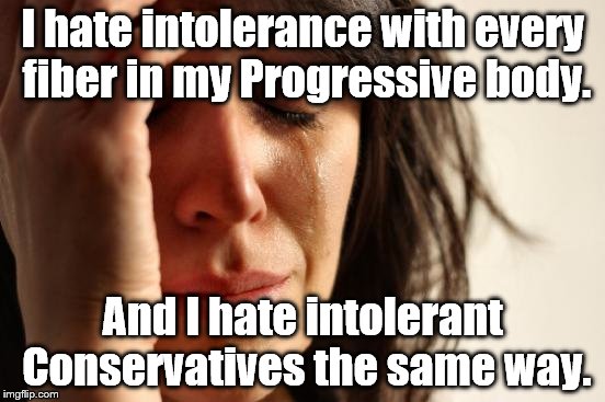 First World Problems Meme | I hate intolerance with every fiber in my Progressive body. And I hate intolerant Conservatives the same way. | image tagged in memes,first world problems | made w/ Imgflip meme maker