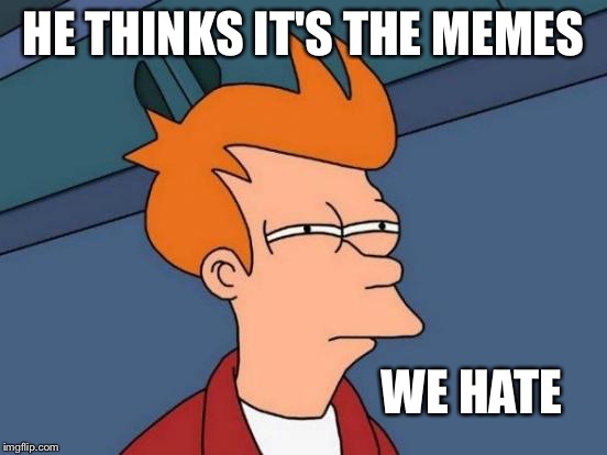 Futurama Fry Meme | HE THINKS IT'S THE MEMES WE HATE | image tagged in memes,futurama fry | made w/ Imgflip meme maker