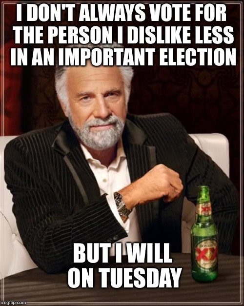 Please vote smart | I DON'T ALWAYS VOTE FOR THE PERSON I DISLIKE LESS IN AN IMPORTANT ELECTION; BUT I WILL ON TUESDAY | image tagged in memes,the most interesting man in the world,trump 2016,hillary clinton 2016 | made w/ Imgflip meme maker