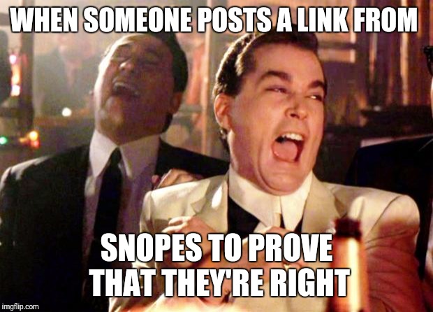 Goodfellas Laugh | WHEN SOMEONE POSTS A LINK FROM; SNOPES TO PROVE THAT THEY'RE RIGHT | image tagged in goodfellas laugh | made w/ Imgflip meme maker