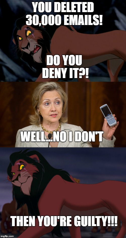 DO YOU DENY IT?! | YOU DELETED 30,000 EMAILS! DO YOU DENY IT?! WELL...NO I DON'T; THEN YOU'RE GUILTY!!! | image tagged in lion king,hillary clinton,scar | made w/ Imgflip meme maker