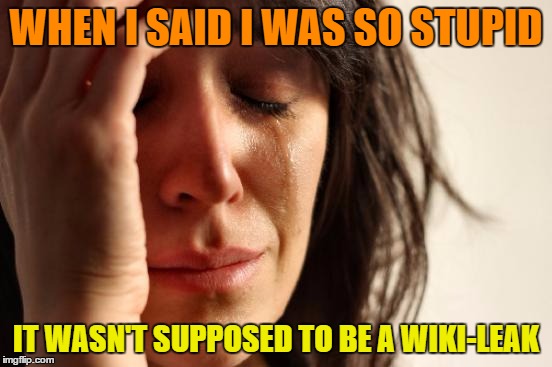 First World Problems Meme | WHEN I SAID I WAS SO STUPID IT WASN'T SUPPOSED TO BE A WIKI-LEAK | image tagged in memes,first world problems | made w/ Imgflip meme maker