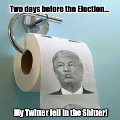 Its Baaaak!!! | Two days before the Election... My Twitter fell in the Shitter! | image tagged in trump toilet paper,donald trump approves,donald trump the clown,donald trump,trump clinton,trump tower | made w/ Imgflip meme maker