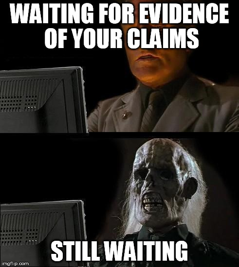 Still Waiting | WAITING FOR EVIDENCE OF YOUR CLAIMS; STILL WAITING | image tagged in still waiting | made w/ Imgflip meme maker