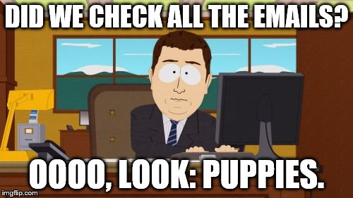 Aaaaand Its Gone Meme | DID WE CHECK ALL THE EMAILS? OOOO, LOOK: PUPPIES. | image tagged in memes,aaaaand its gone | made w/ Imgflip meme maker