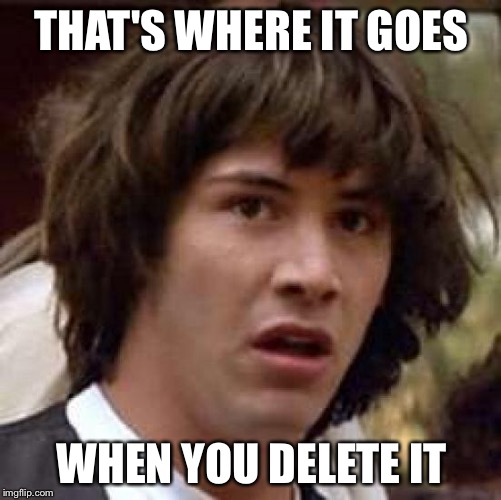 Conspiracy Keanu Meme | THAT'S WHERE IT GOES WHEN YOU DELETE IT | image tagged in memes,conspiracy keanu | made w/ Imgflip meme maker