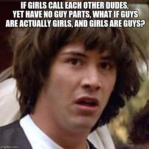 if girls call each other guys... | IF GIRLS CALL EACH OTHER DUDES, YET HAVE NO GUY PARTS, WHAT IF GUYS ARE ACTUALLY GIRLS, AND GIRLS ARE GUYS? | image tagged in slowstack,memes | made w/ Imgflip meme maker