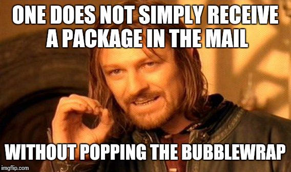 One Does Not Simply | ONE DOES NOT SIMPLY RECEIVE A PACKAGE IN THE MAIL; WITHOUT POPPING THE BUBBLEWRAP | image tagged in memes,one does not simply | made w/ Imgflip meme maker