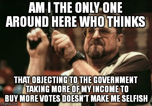 Am I The Only One Around Here Meme | AM I THE ONLY ONE AROUND HERE WHO THINKS; THAT OBJECTING TO THE GOVERNMENT  TAKING MORE OF MY INCOME TO BUY MORE VOTES DOESN'T MAKE ME SELFISH | image tagged in memes,am i the only one around here | made w/ Imgflip meme maker