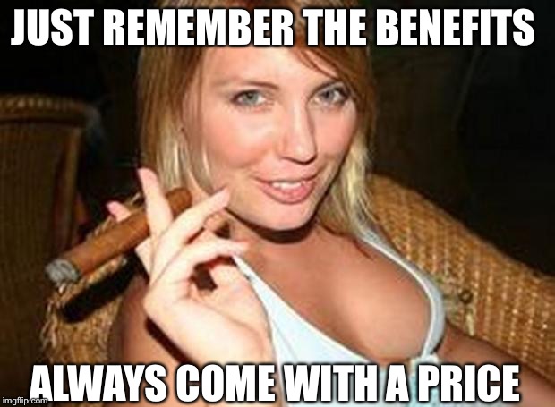 Hot cigar | JUST REMEMBER THE BENEFITS ALWAYS COME WITH A PRICE | image tagged in hot cigar | made w/ Imgflip meme maker