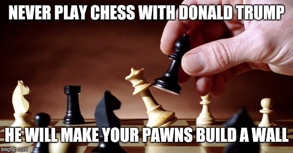 Never | NEVER PLAY CHESS WITH DONALD TRUMP; HE WILL MAKE YOUR PAWNS BUILD A WALL | image tagged in chess | made w/ Imgflip meme maker