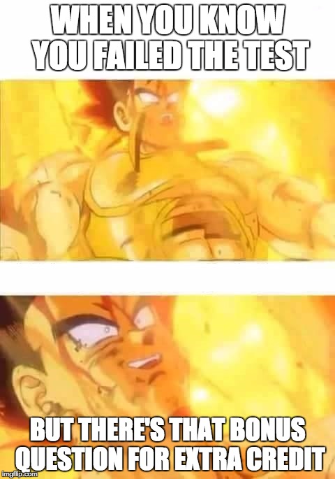 goku2 | WHEN YOU KNOW YOU FAILED THE TEST; BUT THERE'S THAT BONUS QUESTION FOR EXTRA CREDIT | image tagged in goku2 | made w/ Imgflip meme maker