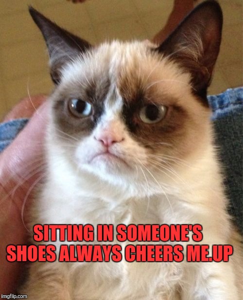 Grumpy Cat Meme | SITTING IN SOMEONE'S SHOES ALWAYS CHEERS ME.UP | image tagged in memes,grumpy cat | made w/ Imgflip meme maker