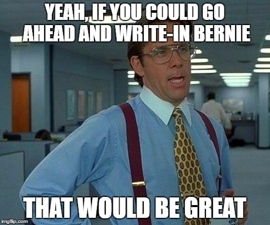 That Would Be Great | YEAH, IF YOU COULD GO AHEAD AND WRITE-IN BERNIE; THAT WOULD BE GREAT | image tagged in memes,that would be great | made w/ Imgflip meme maker