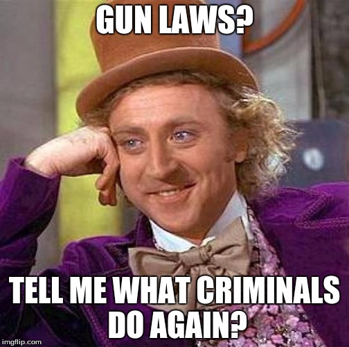 Creepy Condescending Wonka | GUN LAWS? TELL ME WHAT CRIMINALS DO AGAIN? | image tagged in memes,creepy condescending wonka | made w/ Imgflip meme maker