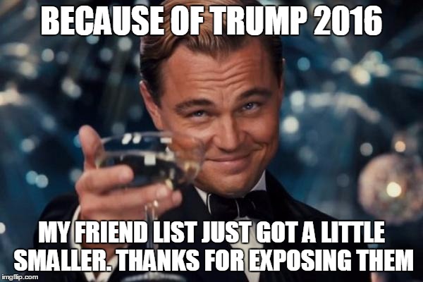 Leonardo Dicaprio Cheers Meme | BECAUSE OF TRUMP 2016; MY FRIEND LIST JUST GOT A LITTLE SMALLER. THANKS FOR EXPOSING THEM | image tagged in memes,leonardo dicaprio cheers | made w/ Imgflip meme maker
