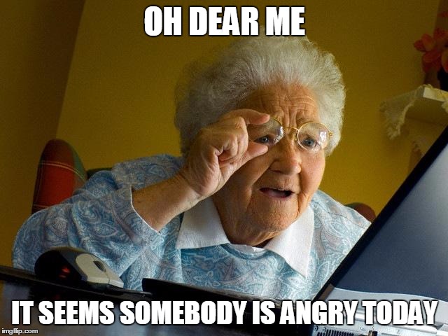 Grandma Finds The Internet Meme | OH DEAR ME; IT SEEMS SOMEBODY IS ANGRY TODAY | image tagged in memes,grandma finds the internet | made w/ Imgflip meme maker