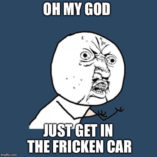Y U No Meme | OH MY GOD; JUST GET IN THE FRICKEN CAR | image tagged in memes,y u no | made w/ Imgflip meme maker