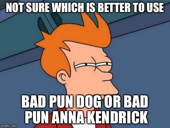 Futurama Fry | NOT SURE WHICH IS BETTER TO USE; BAD PUN DOG OR BAD PUN ANNA KENDRICK | image tagged in memes,futurama fry | made w/ Imgflip meme maker