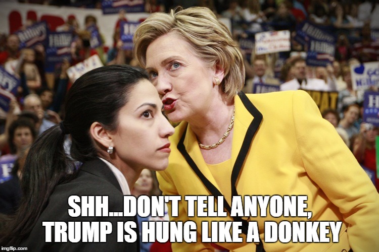 hillary clinton | SHH...DON'T TELL ANYONE, TRUMP IS HUNG LIKE A DONKEY | image tagged in hillary clinton | made w/ Imgflip meme maker