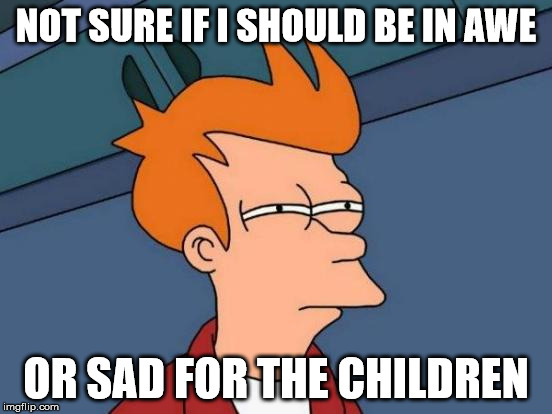 Futurama Fry Meme | NOT SURE IF I SHOULD BE IN AWE OR SAD FOR THE CHILDREN | image tagged in memes,futurama fry | made w/ Imgflip meme maker