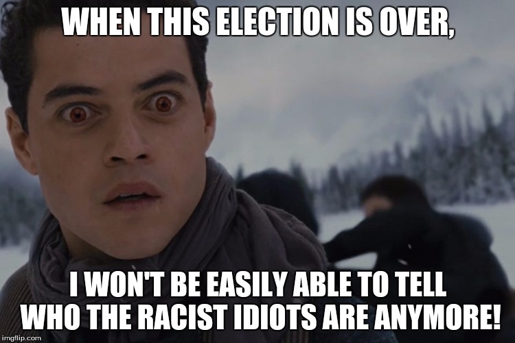 The election is tomorrow | WHEN THIS ELECTION IS OVER, I WON'T BE EASILY ABLE TO TELL WHO THE RACIST IDIOTS ARE ANYMORE! | image tagged in rami malek reaization,election,tomorrow | made w/ Imgflip meme maker