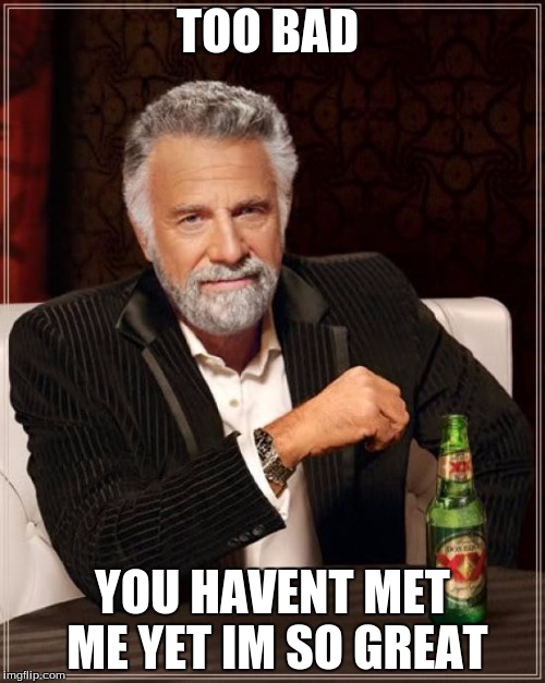 The Most Interesting Man In The World | TOO BAD; YOU HAVENT MET ME YET IM SO GREAT | image tagged in memes,the most interesting man in the world | made w/ Imgflip meme maker