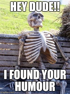 Waiting Skeleton |  HEY DUDE!! I FOUND YOUR HUMOUR | image tagged in memes,waiting skeleton | made w/ Imgflip meme maker