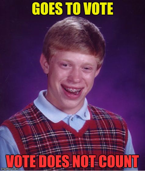 another meme I had in mind | GOES TO VOTE; VOTE DOES NOT COUNT | image tagged in memes,bad luck brian,vote,canidates | made w/ Imgflip meme maker