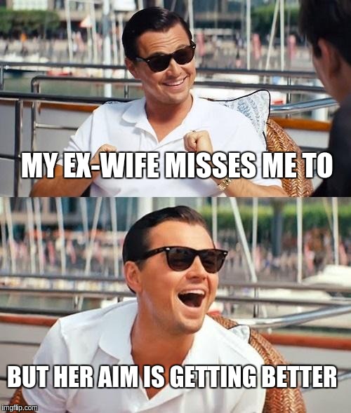 Leonardo Dicaprio Wolf Of Wall Street | MY EX-WIFE MISSES ME TO; BUT HER AIM IS GETTING BETTER | image tagged in memes,leonardo dicaprio wolf of wall street | made w/ Imgflip meme maker