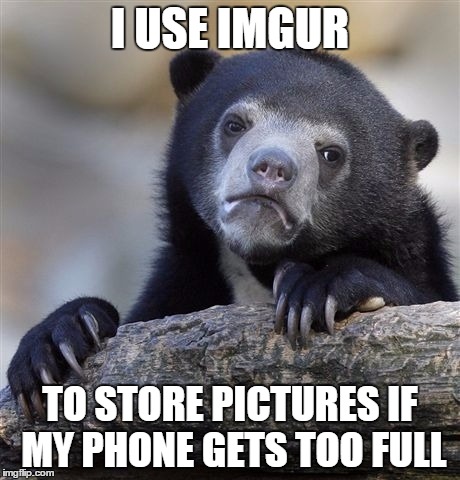 Confession Bear | I USE IMGUR; TO STORE PICTURES IF MY PHONE GETS TOO FULL | image tagged in memes,confession bear,imgur | made w/ Imgflip meme maker