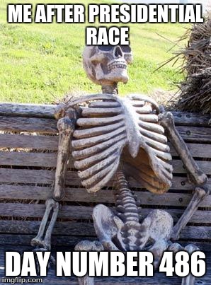 Man, I'm dead! | ME AFTER PRESIDENTIAL RACE; DAY NUMBER 486 | image tagged in memes,waiting skeleton,politics | made w/ Imgflip meme maker