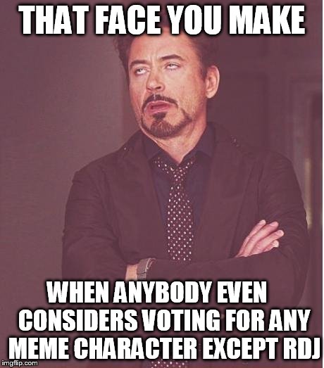 THAT FACE YOU MAKE WHEN ANYBODY EVEN   CONSIDERS VOTING FOR ANY MEME CHARACTER EXCEPT RDJ | image tagged in memes,face you make robert downey jr | made w/ Imgflip meme maker