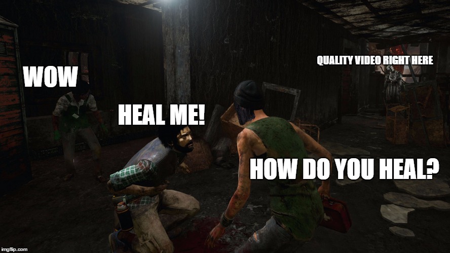 Dead By Daylight in a nutshell | QUALITY VIDEO RIGHT HERE; WOW; HEAL ME! HOW DO YOU HEAL? | image tagged in funny,noobie,silly,funny meme | made w/ Imgflip meme maker