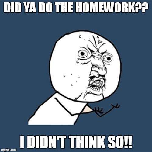 Y U No Meme | DID YA DO THE HOMEWORK?? I DIDN'T THINK SO!! | image tagged in memes,y u no | made w/ Imgflip meme maker