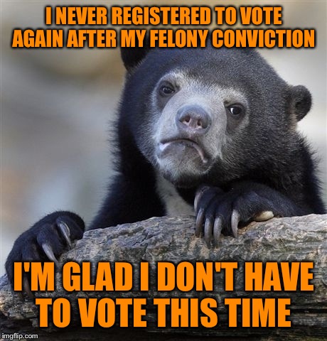 Confession Bear | I NEVER REGISTERED TO VOTE AGAIN AFTER MY FELONY CONVICTION; I'M GLAD I DON'T HAVE TO VOTE THIS TIME | image tagged in memes,confession bear | made w/ Imgflip meme maker
