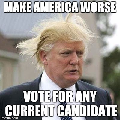 Donald Trump | MAKE AMERICA WORSE; VOTE FOR ANY CURRENT CANDIDATE | image tagged in donald trump | made w/ Imgflip meme maker