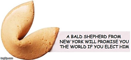 Trump: A Man of Many Broken Promises | A BALD SHEPHERD FROM NEW YORK WILL PROMISE YOU THE WORLD IF YOU ELECT HIM | image tagged in fortune cookie,trump,election,wall | made w/ Imgflip meme maker