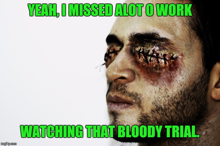 YEAH, I MISSED ALOT O WORK WATCHING THAT BLOODY TRIAL. | made w/ Imgflip meme maker