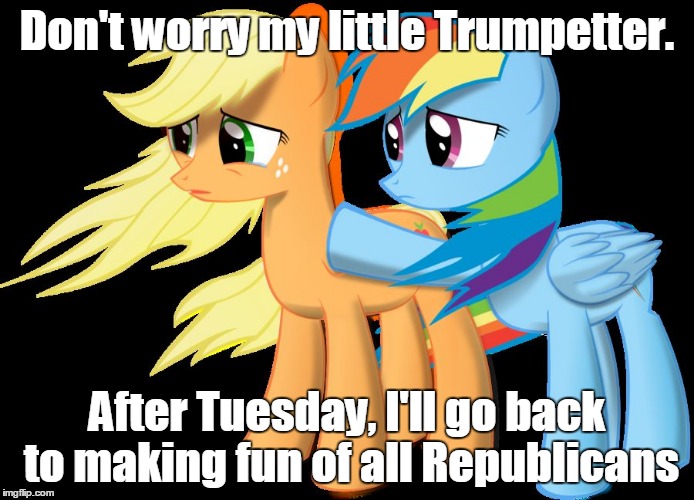 Sad Trumpy iz Sad |  Don't worry my little Trumpetter. After Tuesday, I'll go back to making fun of all Republicans | image tagged in pony,donald trump,republicans,liberals,democrats | made w/ Imgflip meme maker