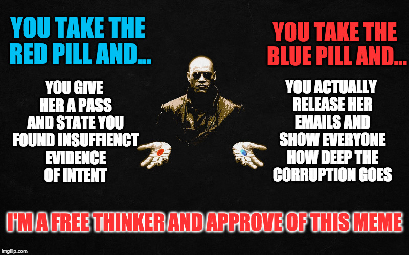 Paid for by the coalition of transparent government | YOU TAKE THE BLUE PILL AND... YOU TAKE THE RED PILL AND... YOU ACTUALLY RELEASE HER EMAILS AND SHOW EVERYONE HOW DEEP THE CORRUPTION GOES; YOU GIVE HER A PASS AND STATE YOU FOUND INSUFFIENCT EVIDENCE OF INTENT; I'M A FREE THINKER AND APPROVE OF THIS MEME | image tagged in secrets,lies,corruption,email scandal,fbi investigation | made w/ Imgflip meme maker