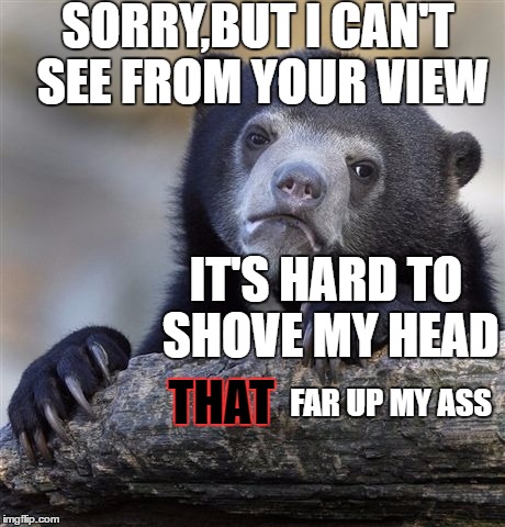 Confession Bear | SORRY,BUT I CAN'T SEE FROM YOUR VIEW; IT'S HARD TO SHOVE MY HEAD; THAT; FAR UP MY ASS | image tagged in memes,confession bear | made w/ Imgflip meme maker