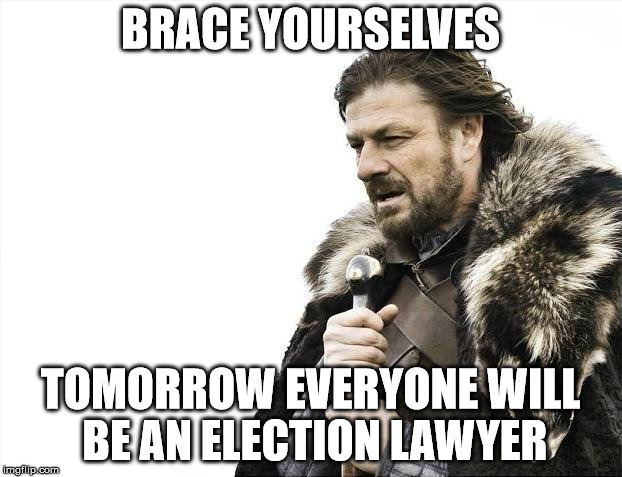 Myself included. | BRACE YOURSELVES; TOMORROW EVERYONE WILL BE AN ELECTION LAWYER | image tagged in memes,brace yourselves x is coming | made w/ Imgflip meme maker