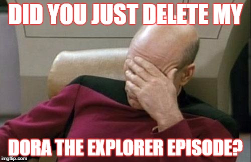 Captain Picard Facepalm Meme | DID YOU JUST DELETE MY; DORA THE EXPLORER EPISODE? | image tagged in memes,captain picard facepalm | made w/ Imgflip meme maker