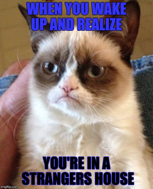 Grumpy Cat Meme | WHEN YOU WAKE UP AND REALIZE; YOU'RE IN A STRANGERS HOUSE | image tagged in memes,grumpy cat | made w/ Imgflip meme maker