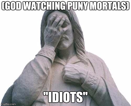 Jesus Facepalm | (GOD WATCHING PUNY MORTALS); "IDIOTS" | image tagged in jesus facepalm | made w/ Imgflip meme maker