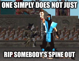 ONE SIMPLY DOES NOT JUST; RIP SOMEBODY'S SPINE OUT | image tagged in mk spine rip,mortal kombat,one does not simply | made w/ Imgflip meme maker